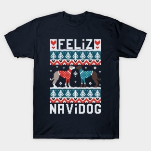 Feliz Navidog witty wordplay fair isle greyhounds // spot // teal and navy background cute dogs dressed with teal and red knitted Christmas ugly sweaters pixel art T-Shirt